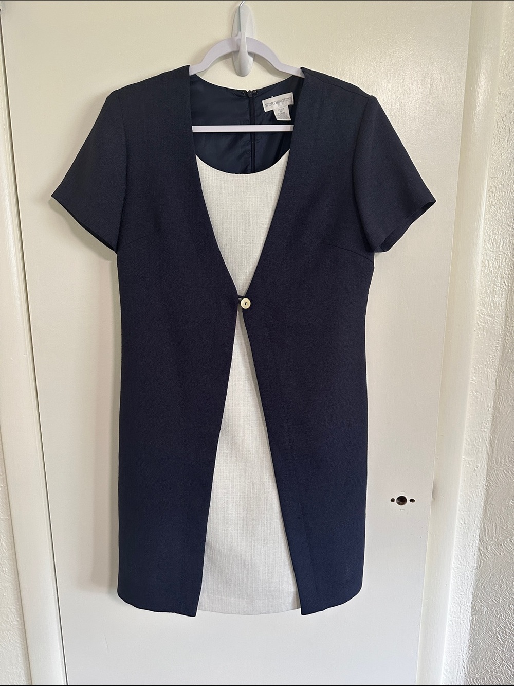 Worthington Vintage Navy and Cream Short Sleeve Two-Tone Shift Dress 8 petite
